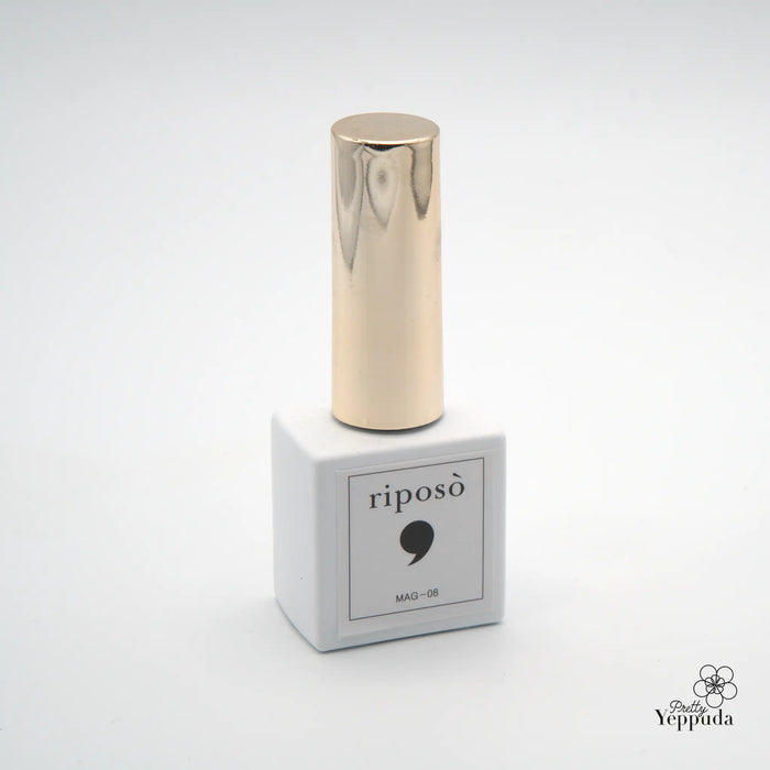 This image depicts the Shopify product "RIPOSO Pulling Summer", featuring a bottle of 10 unique iridescent magnet gel polishes. The bottle has a metallic cap and is displayed on a white background, showcasing the sleek and sophisticated design of the RIPOSO brand. The product description highlights the true brilliance of the iridescent effect, requiring only one coat for a long-lasting, vibrant manicure.