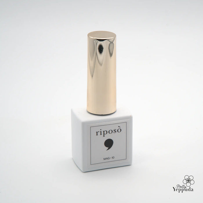 Elegant and captivating iridescent nail polish bottle with a minimalist, modern design, showcasing the premium RIPOSO Pulling Summer collection. The sleek, golden metallic container highlights the product's high-quality and innovative formula, promising a brilliant, one-coat application for a truly eye-catching, iridescent nail finish.