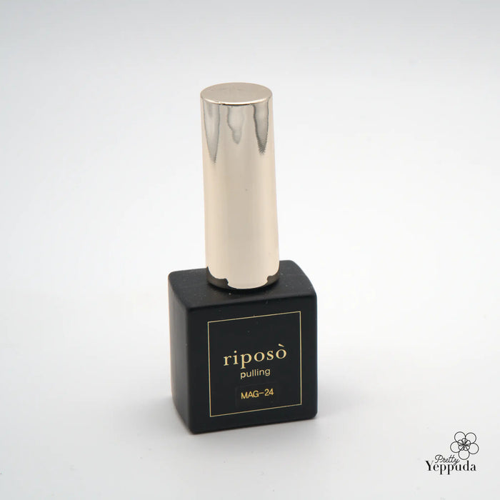 Elegant nail gel bottle showcasing the Pulling Gleam Collection from the RIPOSO brand. The image displays the non-wipe magnetic gel product in a sleek, glossy packaging with a metallic cap, highlighting its modern and sophisticated design. This innovative nail care solution simplifies the process of powder nail art, providing an effortless and hassle-free beauty experience.