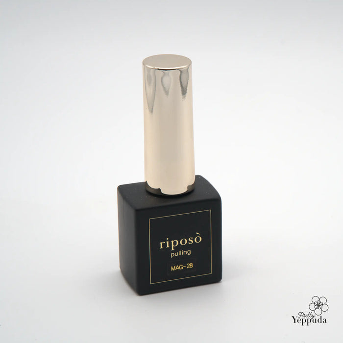 Elegant and modern nail polish bottle with a sleek metallic cap, featuring the RIPOSO Pulling Gleam B Set branding prominently displayed, showcasing the sophisticated and high-quality nature of this Shopify product.