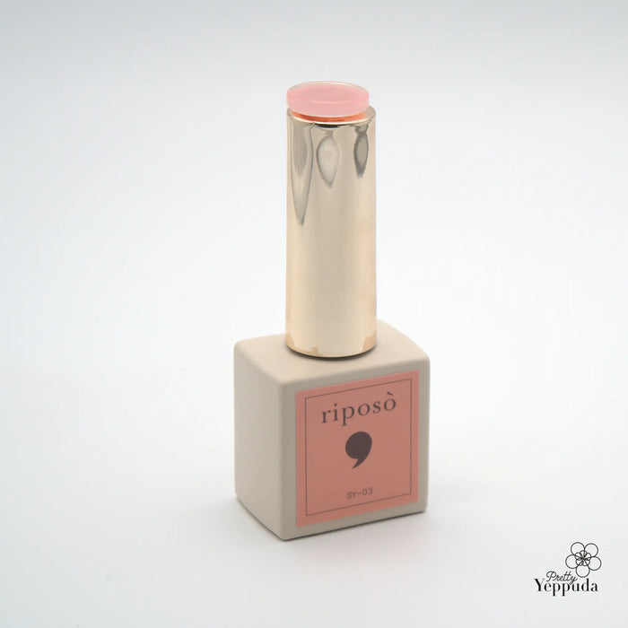 A set of five non-wipe syrup gel nail polish bottles from the Riposo Love Love Syrup collection, showcasing a limited edition series of nude, sheer nail shades. The bottles feature a sleek, cylindrical design with a pink cap, highlighting the premium, high-quality nature of the Riposo brand.