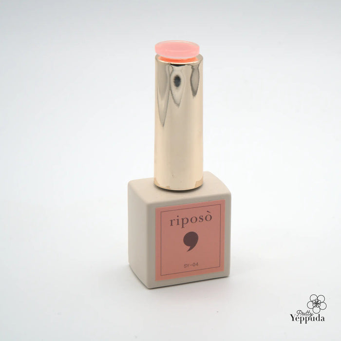 A chrome-colored nail polish bottle with a peach-colored cap, branded as "riposo Love Love Syrup A Set", stands on a light gray square base. The bottle contains a 5-piece non-wipe syrup gel collection in sheer nude shades, part of the limited-edition Riposo syrup gel series. The product details are visible on the square base.