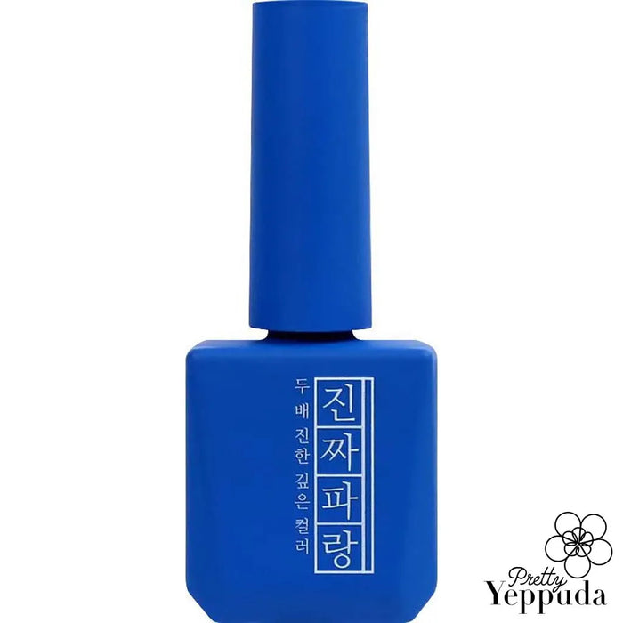 Intense blue colored nail polish bottle from the signature Mostive Jinzza Series, showcasing vibrant color and high pigmentation for full coverage in just one coat. The product features 12ml capacity and UV/LED curing time of 60S/30S respectively, catering to the needs of modern nail enthusiasts.