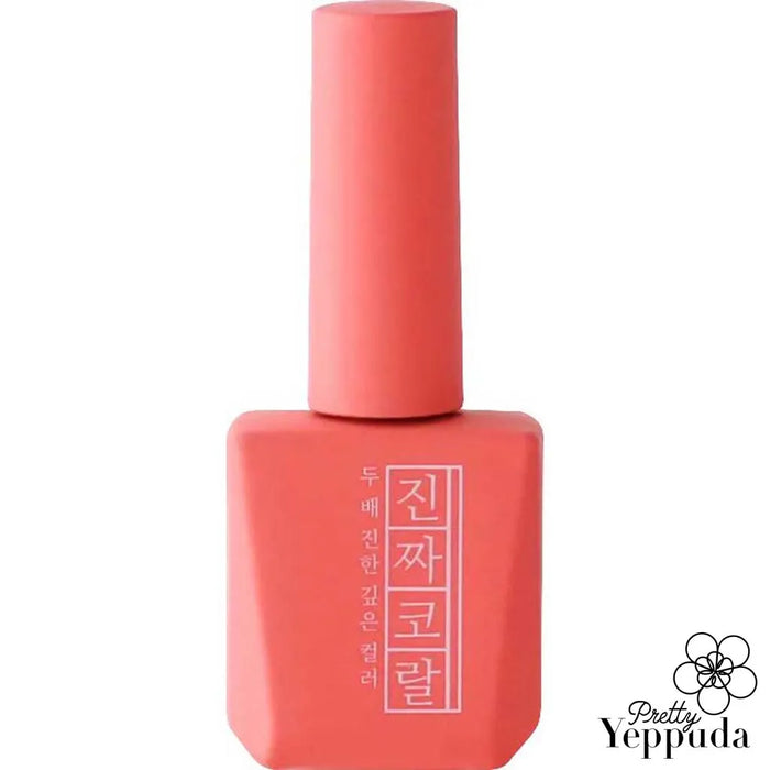 A vivid, coral-colored nail polish bottle from the Mostive Jinzza Series MJ06 collection. The product features a bold, vibrant hue with high pigmentation, offering one-coat coverage. The gel formula is designed for both UV and LED curing, providing a long-lasting, glossy finish for a salon-quality manicure experience.