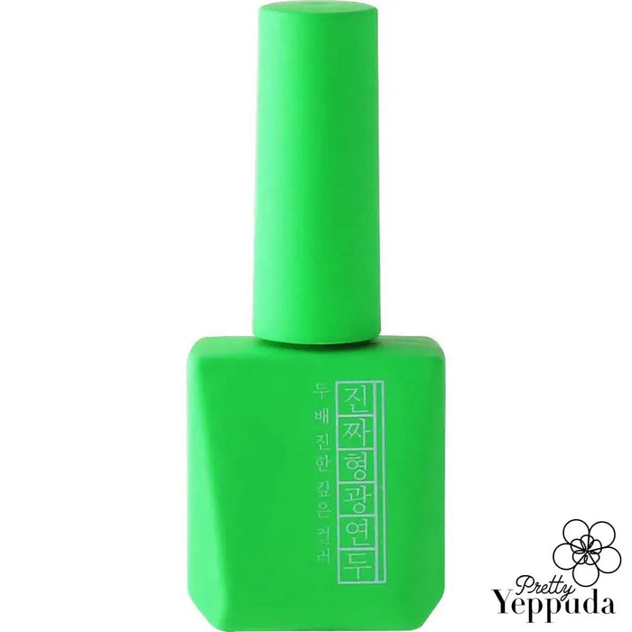 A vibrant, eye-catching fluorescent green nail polish bottle from the Mostive Jinzza Series, showcasing its sleek, minimalist design and high-pigment formula for a one-coat coverage that cures quickly under UV or LED light, providing a long-lasting, salon-quality manicure experience for Shopify customers.