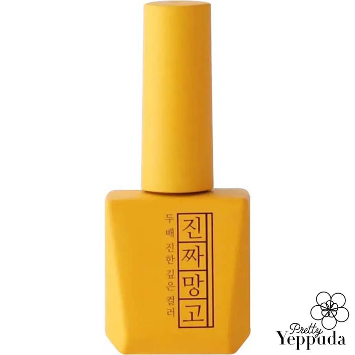 Vibrant yellow nail polish bottle from the Mostive Jinzza Series MJ11 Mango collection, featuring the brand's signature color gel formula with high pigmentation and 1 coat coverage, suitable for 60S UV or 30S LED curing, showcasing the brand's commitment to quality and innovation.