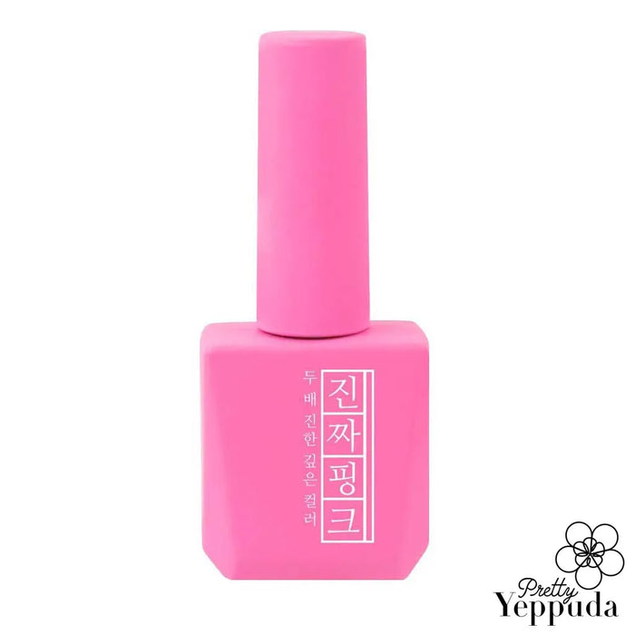 A vibrant, pink, cylindrical Gel nail polish bottle from the Mostive Jinzza Series MJ03 collection. The product description highlights its high pigmentation, one-coat coverage, and compatibility with 60S UV/30S LED curing. This on-trend, salon-quality nail care item is a signature color in the Mostive brand's Jinzza line.