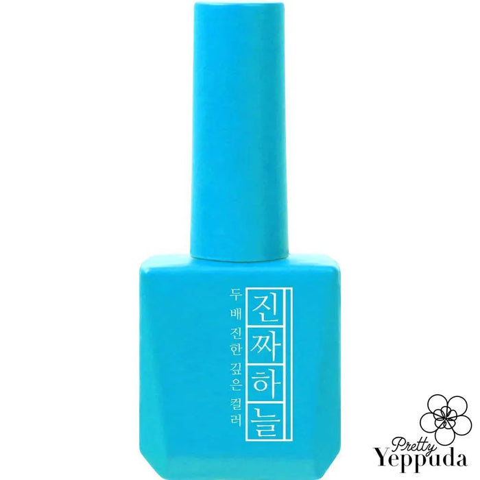 Vibrant sky blue nail polish bottle from the Mostive Jinzza Series, featuring a high-pigmentation formula with one-coat coverage and a 60S UV/30S LED curing time, capturing the brand's signature color and quality.