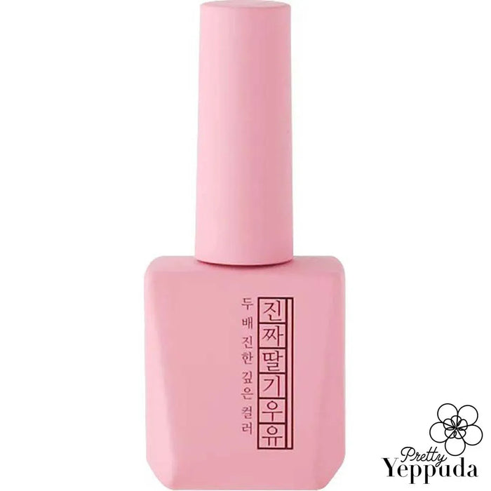 A vibrant and glossy strawberry milk-colored nail polish bottle from the Mostive Jinzza Collection, showcasing the brand's signature high-pigmentation and single-coat coverage formulation. The product is designed for both 60-second UV and 30-second LED curing, ensuring a long-lasting and professional-grade manicure.