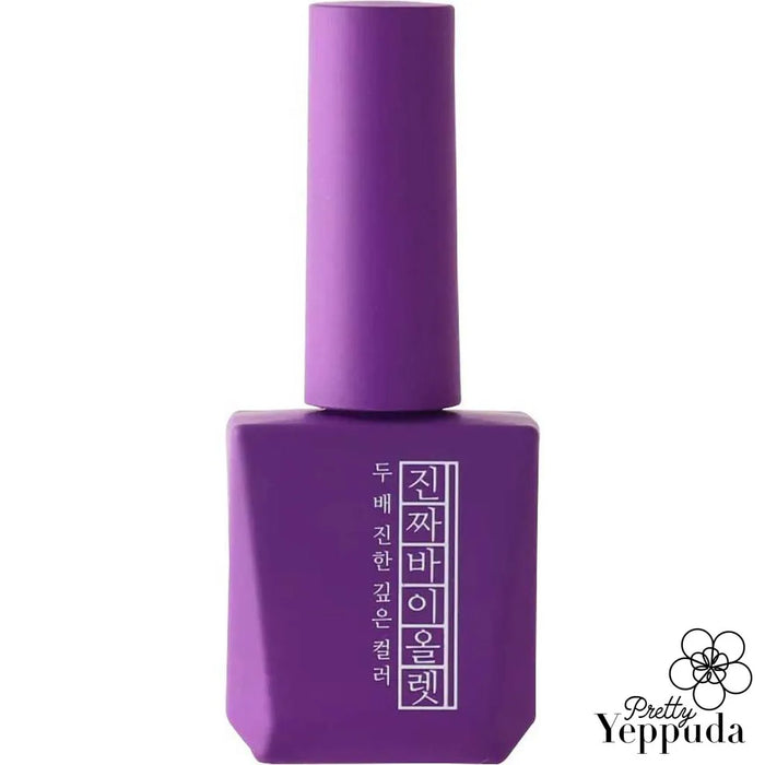 Vibrant purple nail polish bottle from the Mostive Jinzza series, featuring the product name "MJ15 Violet" in Korean and English. The gel formula offers one-coat coverage with high pigmentation, and cures in 60 seconds under UV or 30 seconds under LED light. The 12ml bottle showcases the brand's Signature Colour line from the Jinzza collection, providing a premium nail care experience.