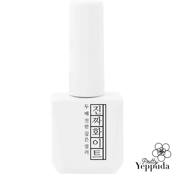 Elegant white nail polish bottle from the Mostive Jinzza collection, featuring 1-coat coverage and high pigmentation in a 12ml size with 60S UV or 30S LED curing time, highlighting the brand's premium quality and performance.