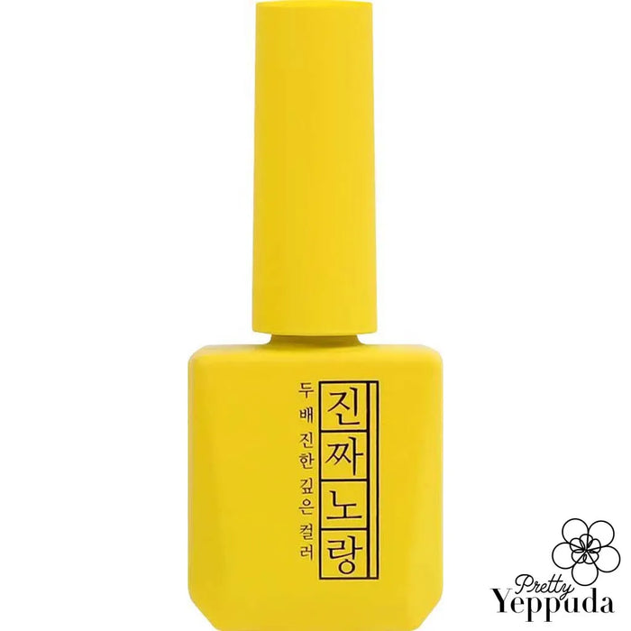 A vibrant yellow nail polish bottle from the Mostive Jinzza Series MJ12 collection. The product offers one-coat coverage with high pigmentation, and is suitable for both 60S UV and 30S LED curing. The Mostive brand's signature color gel delivers a bold, eye-catching finish for a stylish manicure.