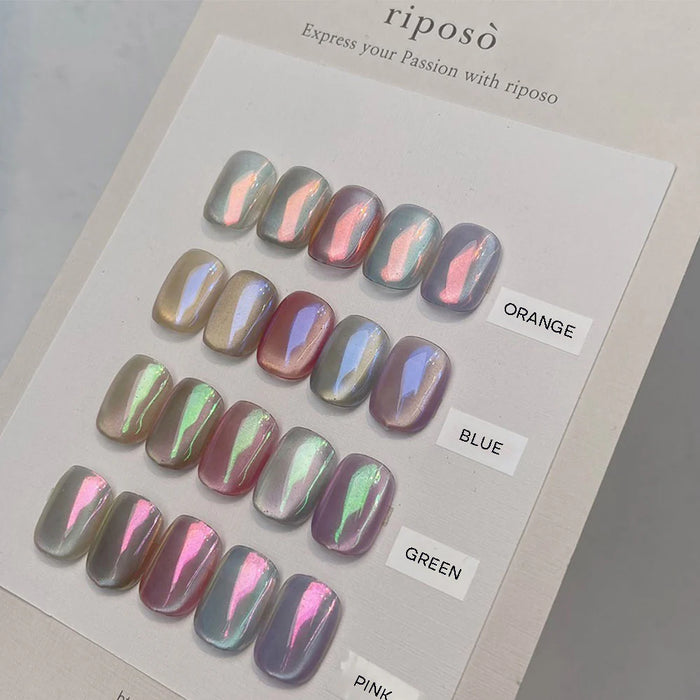 Detailed image showcasing the Riposo Gleam Powder Set, featuring a variety of shimmering nail polish shades, including orange, blue, green, and pink hues. The product description highlights how this versatile powder can enhance depth and bring out various shades for magnetic creations, providing a gleaming, multidimensional effect.