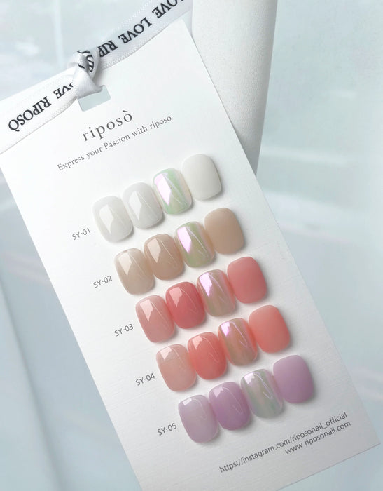 Showcasing the range of RIPOSO Love Love Syrup nail gel colors, featuring a variety of nude, sheer, and pastel shades for the perfect nail look. The product description highlights the 5-piece gel collection, limited edition availability, and instructions for a 60-second cure time.