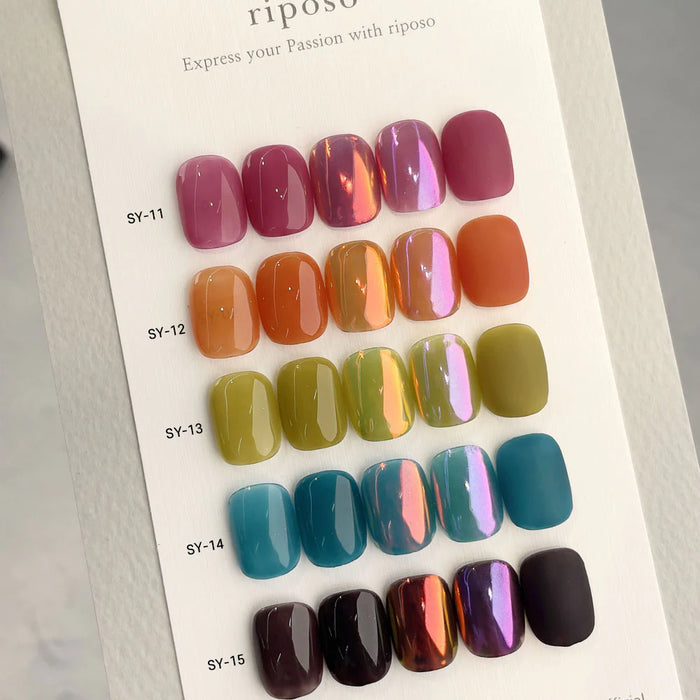 Sheer and buildable non-wipe gel polish colors in a variety of deep, sensuous shades perfect for any mood, allowing for direct application of chrome powder after curing. This RIPOSO Love Love Syrup C Set contains 5 polishes that offer a unique, long-lasting finish.