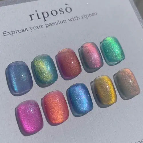 Vibrant and sophisticated autumn-inspired nail polish set by Riposo, featuring 10 unique dual-tone magnetic gel shades in a diverse color palette for a stunning, eye-catching look. The set includes a magnet to create mesmerizing patterns, perfect for those seeking to express their passion for fashion and style.