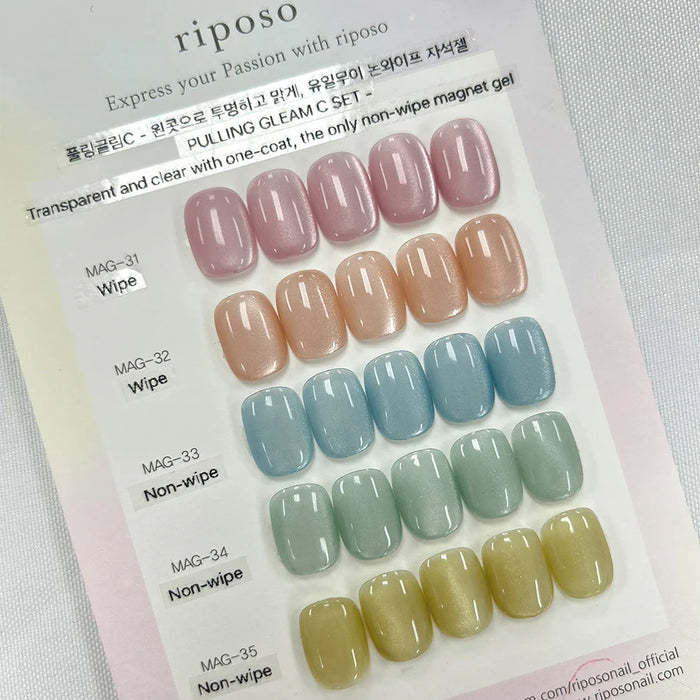 Elaborate 5-piece RIPOSO Pulling Gleam C magnet gel set showcasing a variety of delicate pastel shades with pearly shimmers, ideal for the upcoming spring season. Riposo, Shopify, Pulling Gleam C, magnet gel, pastel colors, shimmers