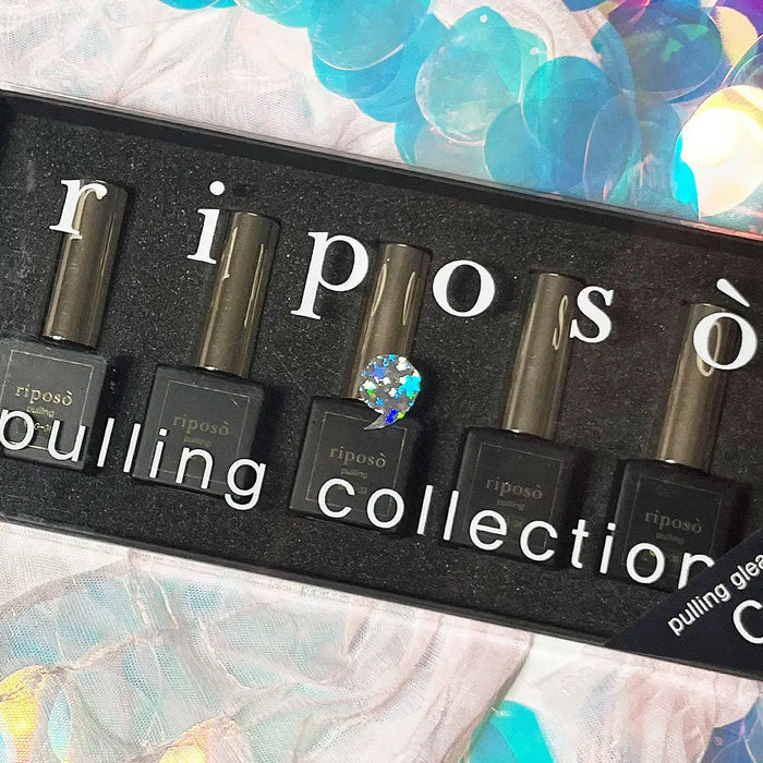 The image shows a collection of RIPOSO Pulling Gleam C Set 5pcs/set nail gel products, featuring the brand name and product title prominently displayed. This set includes five watercolor magnet gels in pastel colors with pearly shimmers, designed for the upcoming spring season. The products are presented in a sleek, minimalistic design with a black background, highlighting the elegance and sophistication of the Pulling Gleam C collection.