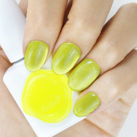 Vibrant yellow and lime green cat-eye nail polish gels from the bold and dynamic "Show Me Korea" Cooing Punch Collection, showcasing a visually striking and eye-catching nail art design.