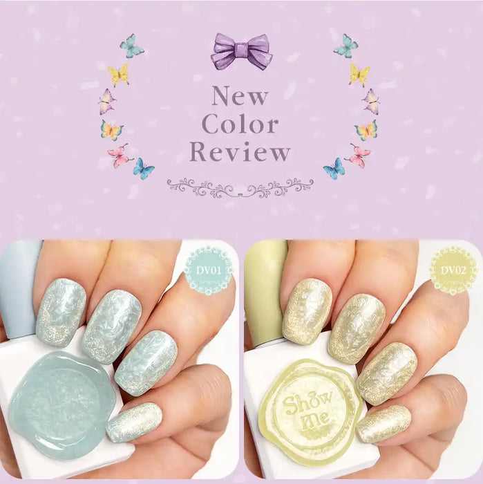 Detailed and informative alt text for the "SHOW ME KOREA - Deja Vu Pearl/Cateye Series" Shopify product image:

"Two images showcasing vibrant, iridescent nail polish colors from the "New Color Review" collection. The left image displays a soft mint green polish with a pearlescent sheen, while the right image features a shimmering gold nail polish. The product description highlights the unique threaded pearl gel and magnetic cateye properties of 