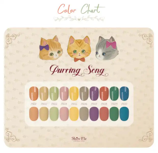 Colorful cat-themed nail gel collection with vibrant swatches, featuring adorable cat illustrations for a warm, vintage aesthetic.