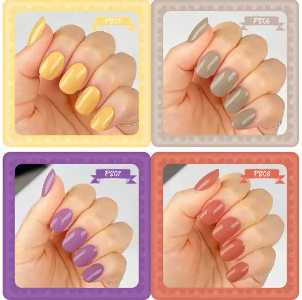 A vibrant display of SHOWME Korea's Purring Song nail gel collection, showcasing a diverse range of solid color options from warm yellow to cool gray, and from playful lavender to rich terracotta. This 10-piece set offers a rich, vintage-inspired aesthetic perfect for fashionable nail enthusiasts. SHOWME Korea, a renowned professional nail brand in South Korea, is known for its high-quality, long-lasting gel formulas that cure quickly under UV/LE