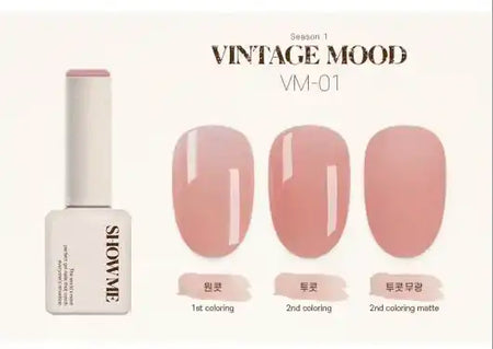 Elegant and vibrant Vintage Mood gel collection, featuring 8 syrup gels, 3 nuance gels, and a swatch card for easy color selection. Showcasing a sophisticated palette with classic and deep hues, this premium SHOW ME KOREA V-Mood range offers a premium nail care experience.