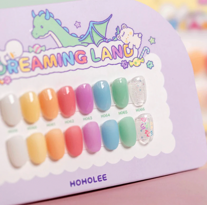 Dreaming Land - 8 Color Gel Set by Hoholee Collection, featuring a vibrant array of semi-syrup gel colours and unique glitter accents for a beautiful and whimsical nail art experience. This product offers a wide range of shades, perfect for creating enchanting and imaginative nail designs.