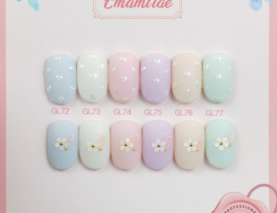 Elegant and whimsical pastel nail polish gels featuring a variety of soft, dreamy shades in the SHOWME Korea Emamttae Syrup Collection, with delicate floral accents for a refined, professional look.