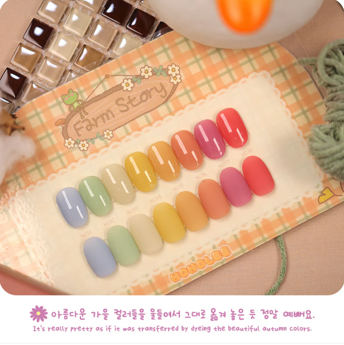 The alternate text for this image could be: "A vibrant collection of 8 semi-sheer gel nail polish colors inspired by the warm, kitschy tones of autumn. The 'Farm Story' palette features a range of muted hues, from soft pastels to deeper, richer shades, allowing for a variety of nail art and manicure designs. This Shopify product from the HoHoLee brand offers a fresh, semi-syrup formula for easy application and seamless coverage.