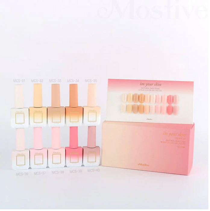 A diverse collection of Mostive I am your skin cosmetic products, including 10 beautifully crafted gel-based makeup shades ranging from soft beiges to vibrant pinks, packaged in an elegant exterior box with a swatch card for easy color selection. The assortment caters to a variety of skin tones, offering a wide range of options for a natural, radiant complexion.