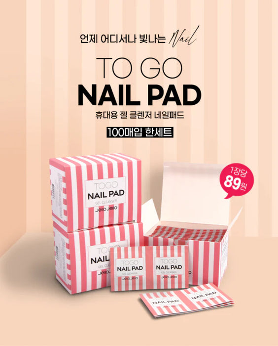 Jello Jello To Go Nail Pad: A set of 100 gel cleanser nail pads from the popular Korean brand, designed for convenient on-the-go nail care and maintenance. The image showcases the sleek, striped packaging and highlights the product's portability and 89 won per pad value proposition.