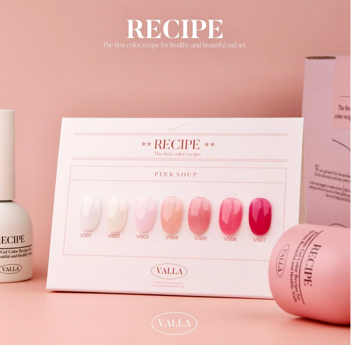 A vibrant collection of pink gel polishes from the Valla Pink Soup line, featuring a delicate blend of pink and white hues for a soft, elegant nail art. The set includes 7 individual gel colors, allowing for endless customization possibilities to elevate your manicure game.