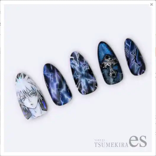 Tsumekira ES-YRK-002 THUNDER nail art design featuring a striking lightning bolt pattern in shades of blue and gray, with a subtle gradation effect that allows for customization with nail polish gels or paints, creating a bold and eye-catching look suitable for turquoise crush or other beautiful nail art designs.