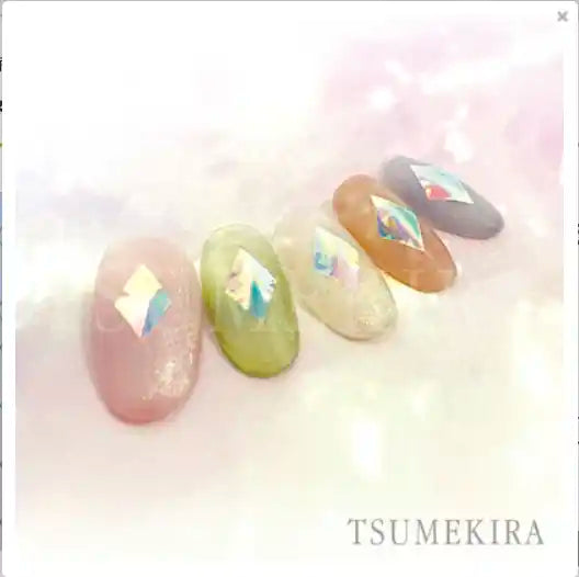 Decorative diamond-shaped Aurora film stickers in various pastel colors, featuring the Tsumekira brand name, ideal for adding eye-catching accents and details to nail art, decorations, and more. The stickers come in a versatile size of 88mm x 150mm, with a sheet size of 88mm x 120mm, allowing for customizable and creative applications.