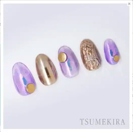 A close-up image showcasing a set of vibrant and stylish nail art designs featuring a variety of pastel colors, metallic accents, and intricate patterns. The nails are designed with the Tsumekira brand in mind, highlighting their expertise in creating unique and visually stunning nail art products.