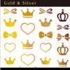 Elaborate alt text: Decorative image featuring a collection of golden and silver crown, ribbon, heart, and bow silhouette icons, showcasing the TSUMEKIRA brand's elegant and regal design elements for their Yuri Joba x Crown product line, highlighting the key features of the intricate gold foil crowns, ribbons, and heart shapes that capture the whimsical and sophisticated aesthetic of the Shopify offering.