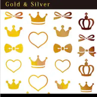 Elaborate alt text: Decorative image featuring a collection of golden and silver crown, ribbon, heart, and bow silhouette icons, showcasing the TSUMEKIRA brand's elegant and regal design elements for their Yuri Joba x Crown product line, highlighting the key features of the intricate gold foil crowns, ribbons, and heart shapes that capture the whimsical and sophisticated aesthetic of the Shopify offering.