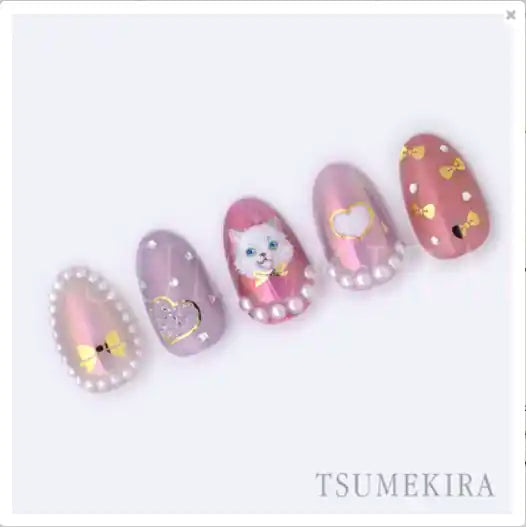 Elegant, delicate, and alluring nail art design featuring cute crowns, ribbons, and heart silhouettes in a charming pastel color palette, showcasing the exceptional craftsmanship of the Tsumekira brand.