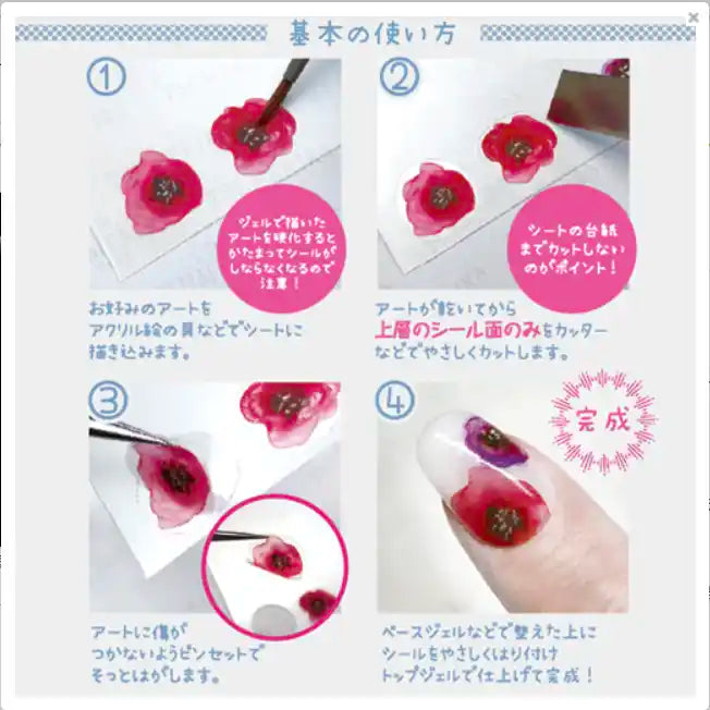 Decorative floral product image for Tsumekira Plain Sheet SP-PLS-101, showcasing the customization steps and features of the product. The image highlights the plain sheet's versatility for DIY nail art, allowing users to create their own sticker designs with ease.