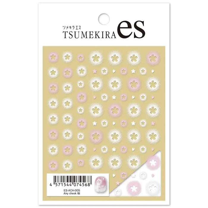 Artistic, delicate, and charming Japanese nail art decals featuring a vibrant pattern of intricate sakura blossoms in shades of pink and white, perfect for creating a stunning, airbrushed floral nail design without the need for messy masking or airbrush tools. These Tsumekira AIRY CHEEK SAKURA ES-ACH-005 nail stickers offer a high-quality, user-friendly way to elevate your manicure with a beautiful sakura motif.