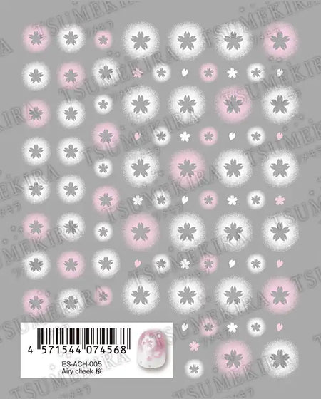 Elegant floral pattern featuring delicate pink and white sakura blossoms arranged in a repeating design, showcasing the Tsumekira AIRY CHEEK SAKURA nail art sheet. This intricate, airbrushed effect allows for easy creation of beautiful sakura nail designs without the need for masking tape or an airbrush.