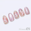 Delicate and elegant nail art set showcasing Tsumekira AIRY CHEEK SAKURA ES-ACH-005 product. The image depicts meticulously designed nails with a soft, pastel pink base, adorned with intricate floral patterns and shimmering accents, creating a serene and enchanting visual experience. Tsumekira, Shopify, , .