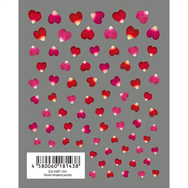 Heart-shaped petals in vibrant shades of red and pink, creating a romantic and dreamy composition against a neutral background. This Tsumekira ES-HSP-101 nail art sticker product offers a charming and visually appealing design for adding a touch of heart-shaped elegance to one's nails.