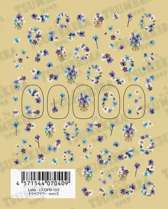 Decorative dried flower nail art stickers featuring delicate sakura petals and floral bouquets in shades of purple and blue, creating a beautiful and whimsical design for elegant nail designs.