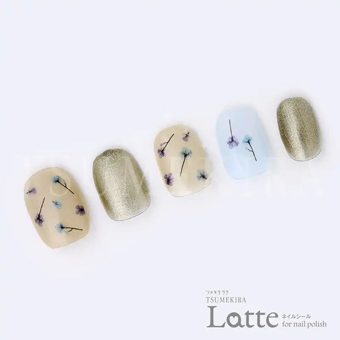 A set of Tsumekira Dried Flower mini LT-DFM-103 nail polish featuring intricate nail designs with delicate floral patterns in neutral tones, showcasing the brand's expertise in creating unique and artistic nail art solutions for a polished, on-trend look.