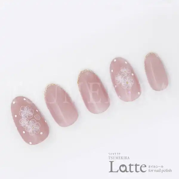 Decorative floral nail art stickers with a glossy latte-like finish, offering a quick and easy way to add a touch of style to nails. The stickers can be used on nail polish, gel nails, or acrylics, and are recommended for short-term use or as a mood-changing option for those unable to do nail art. Tsumekira, Latte