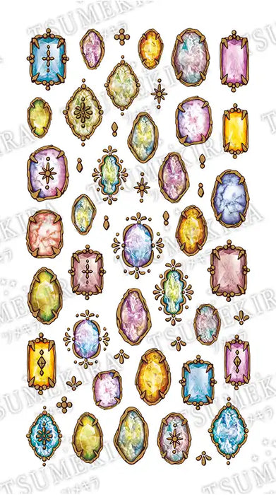 Decorative gemstone jewelry art stickers featuring an assortment of vibrant, ornately framed crystal and jewel designs in various shapes and colors, including vibrant blue, pink, yellow, and green hues. The stickers are presented on a white background and are suitable for gel nail art application, as described in the product details.