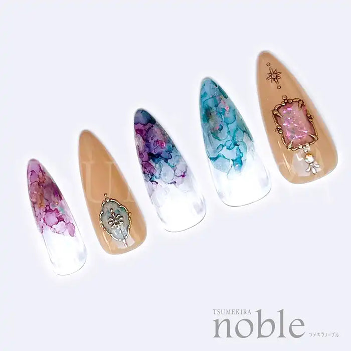 Elaborate alt text: Colorful artistic nail art designs featuring jewel-toned abstract patterns and metallic accents, showcasing the Tsumekira NOBLE JEWELRY collection for gel nail application. The designs capture the essence of elegant and luxurious nail art that can be easily achieved with these high-quality nail stickers.