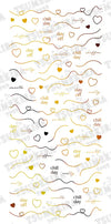 Decorative pattern featuring wavy lines, hearts, and text describing various emotions and moods, such as "chill day", "day off", and "melty".